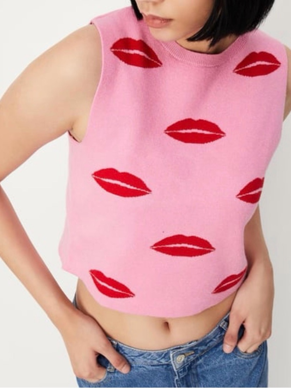 Primark Pink Cropped Knit Tank with Red Lip Motif
